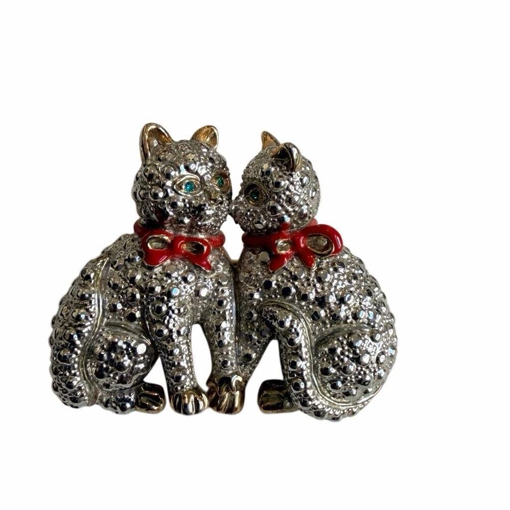 Silver Tone Double Cat Brooch with Red Enamel Bows & Green Eyes